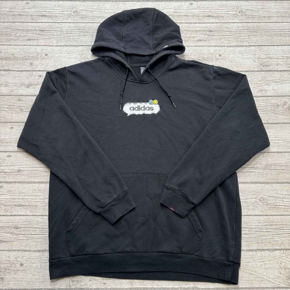 Adidas Hoodie Mens XL Black Speech Bubble Emoji Fleece Lined Pullover Sweatshirt
